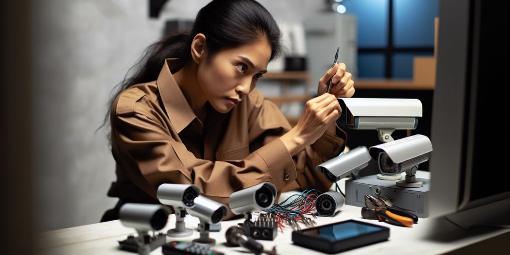 security system maintenance technician working on equipment
