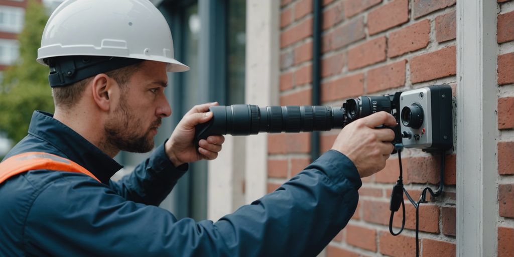 Security technician installing a surveillance camera on a building wall, showcasing tools and equipment used in the process.