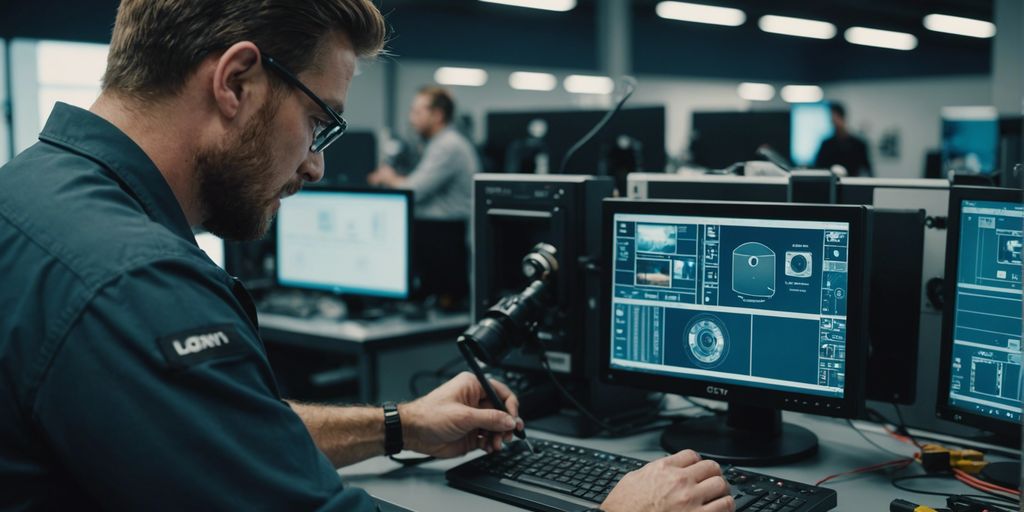 Technician inspecting a high-tech security system with tools and equipment around.