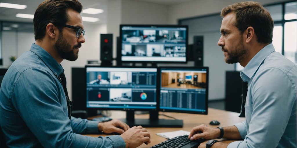 Security consultant and business owner discussing tailored security solutions in a modern office environment.