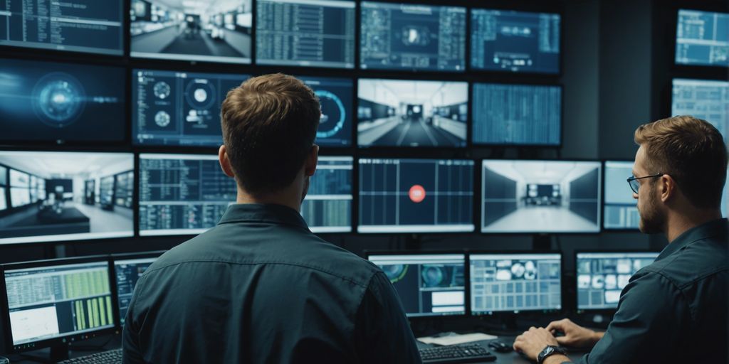 Technician overseeing security systems in a control room