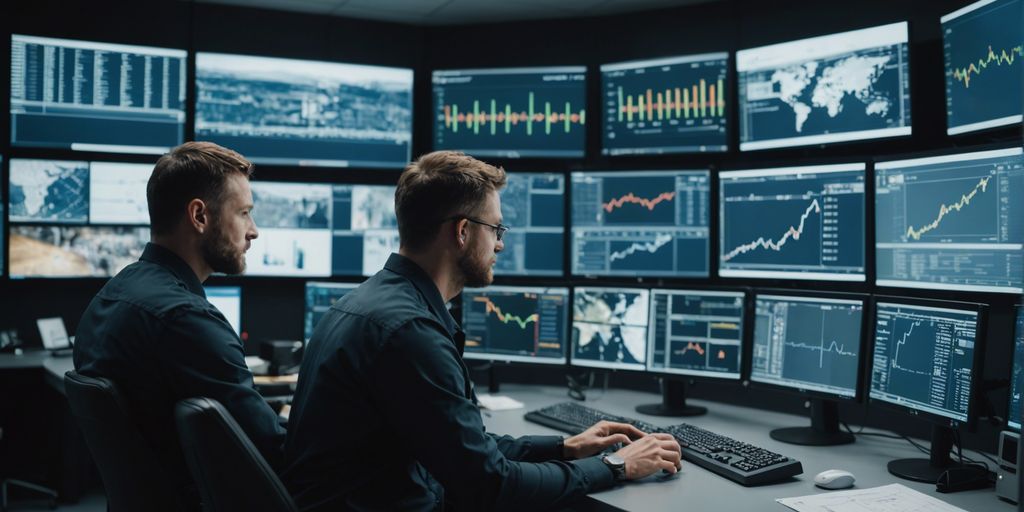 Security control room with screens showing security footage, data analytics, and trend graphs for 2024 trends.