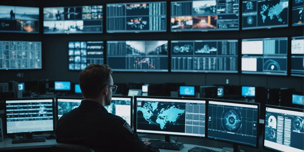 Modern security control room with surveillance screens, biometric scanners, and advanced security software interfaces.