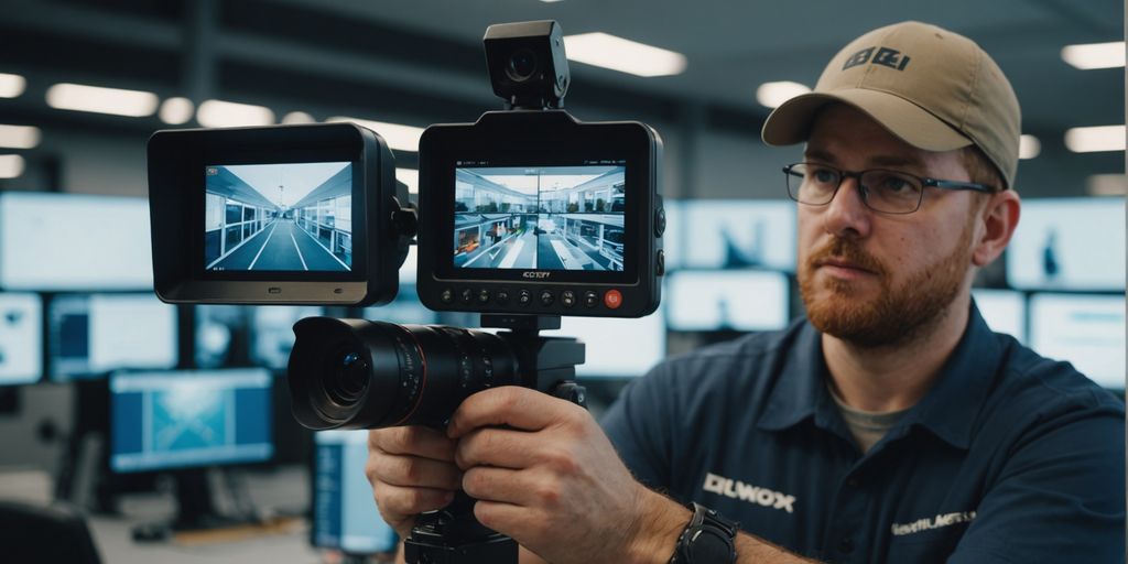 Beveiligingstechnicus installeert beveiligingscamera in kantoor.