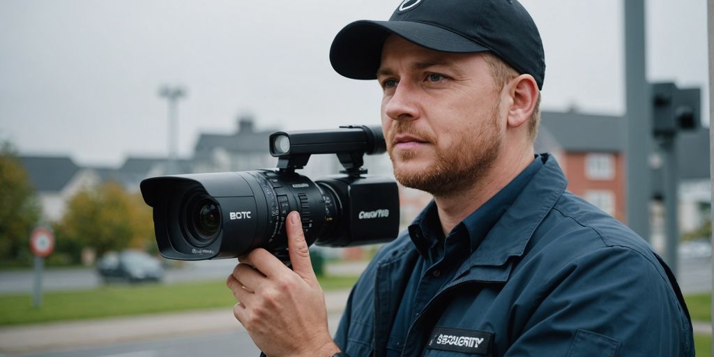 Beveiligingstechnicus installeert camera voor bedrijfsveiligheid.