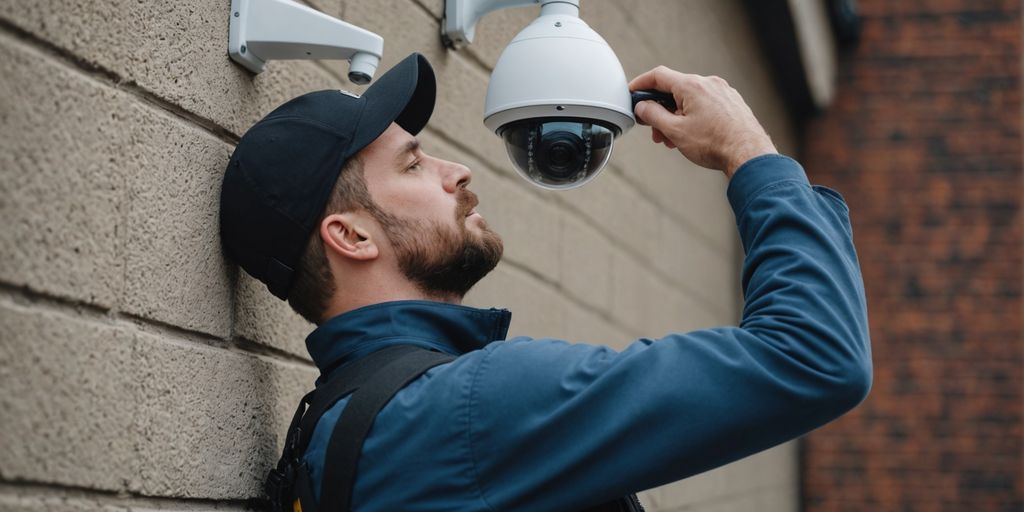 Technician installing surveillance camera for security purposes.