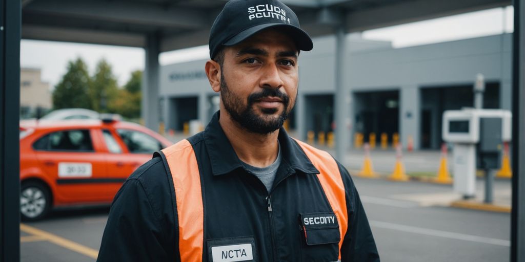 Security professional ensuring safety at facility entrance.