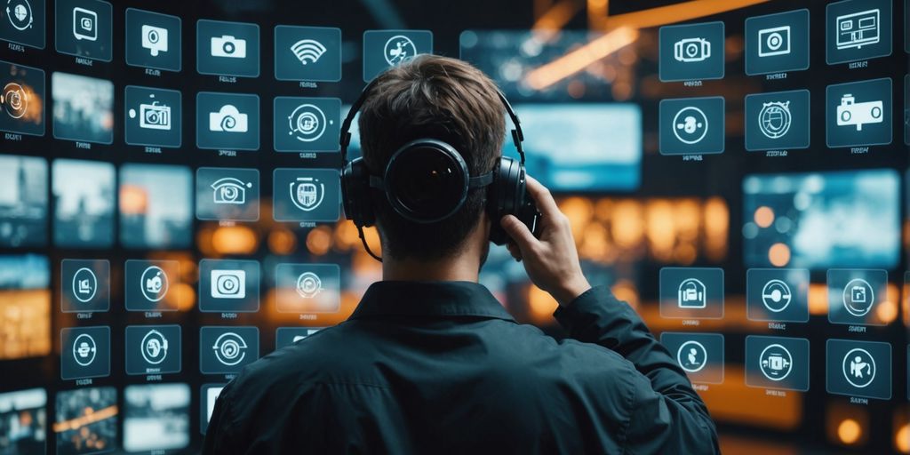 Digital interface displaying futuristic security technology icons and devices.