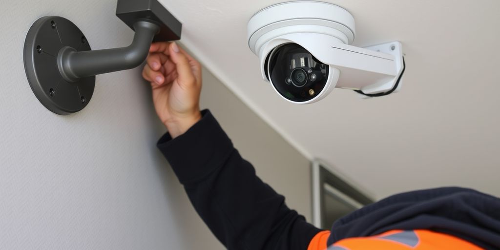 Beveiligingsinstallateur monteert CCTV-camera aan muur