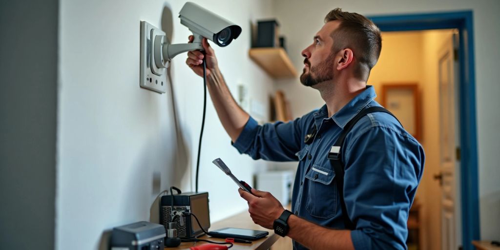 Beveiligingsmonteur installeert CCTV-camera