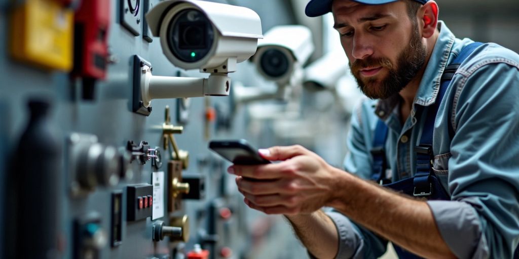 Beveiligingsinstallateur werkt aan CCTV-systeem.