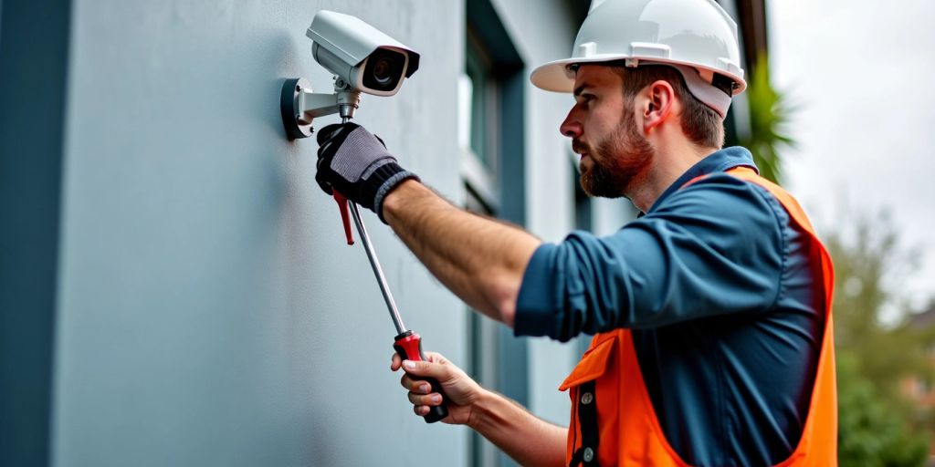 Beveiligingsmonteur installeert CCTV-camera op muur