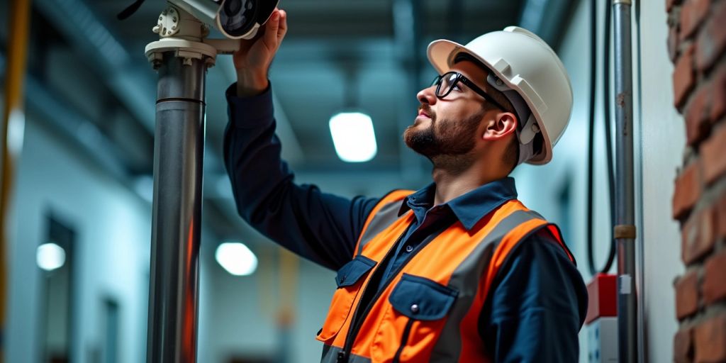 Beveiligingsinstallateur met CCTV-camera's en gereedschap.