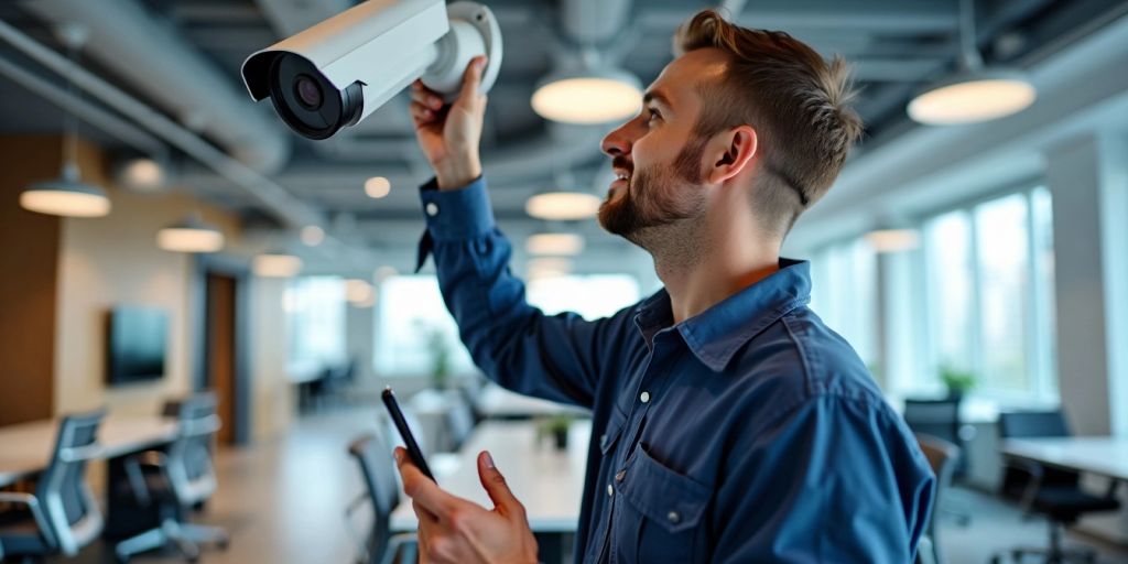 Beveiligingsinstallateur met CCTV-camera in kantooromgeving.