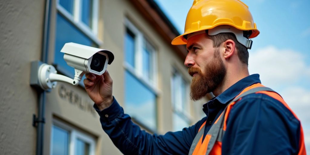 Beveiligingsinstallateur controleert CCTV-camera.