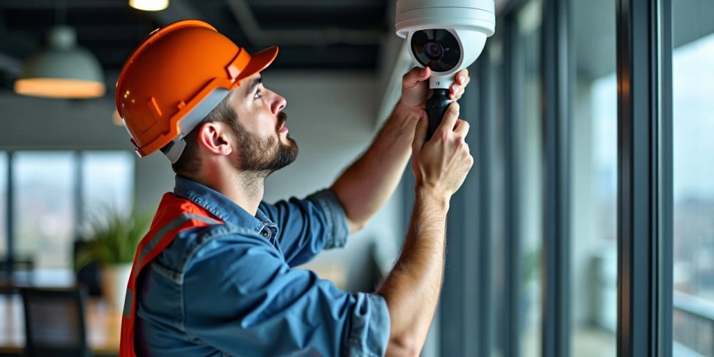 Beveiligingsinstallateur met CCTV-camera in kantooromgeving.