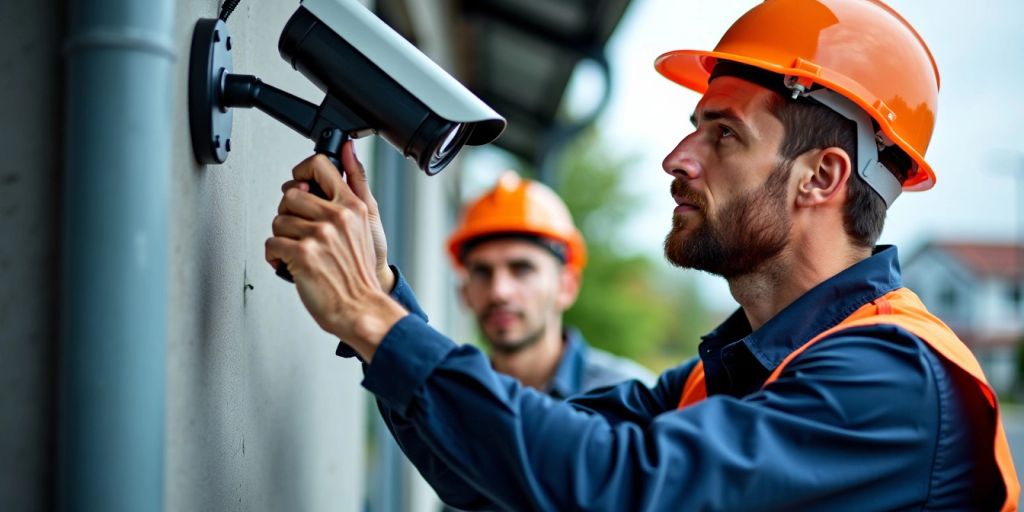 Beveiligingsinstallateur met CCTV-camera in actie.