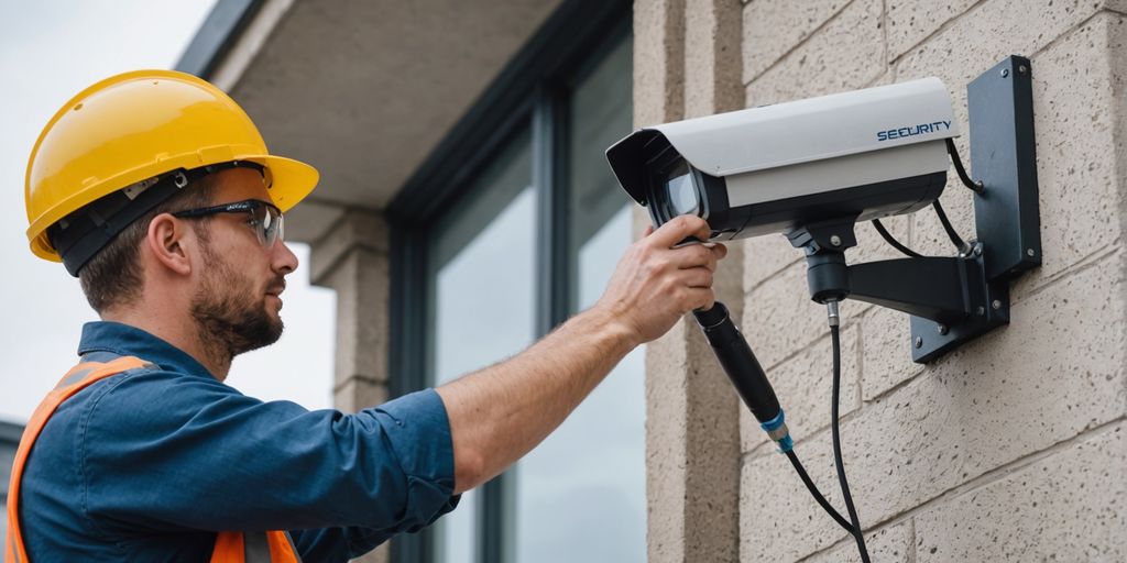 Beveiligingsmonteur installeert CCTV-camera buiten