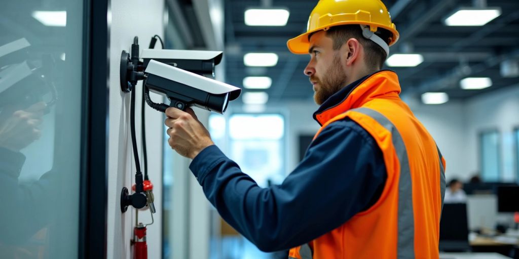 Beveiligingsinstallateur met CCTV in een kantooromgeving.