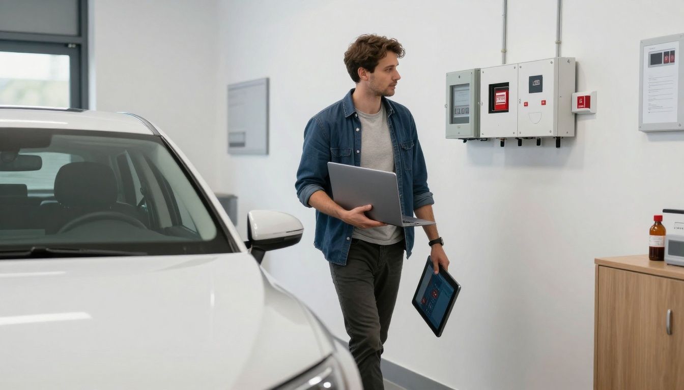 Technician with laptop and car heading to work.