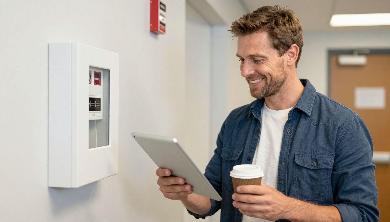 Dutch maintenance expert with tablet and coffee, happy.