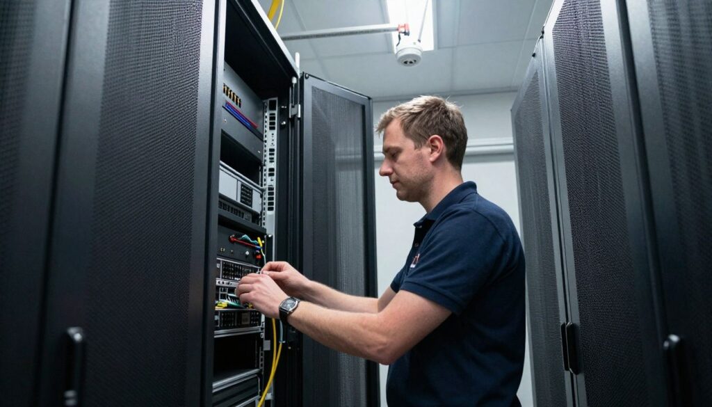 Dutch technician in server room with smoke detectors.