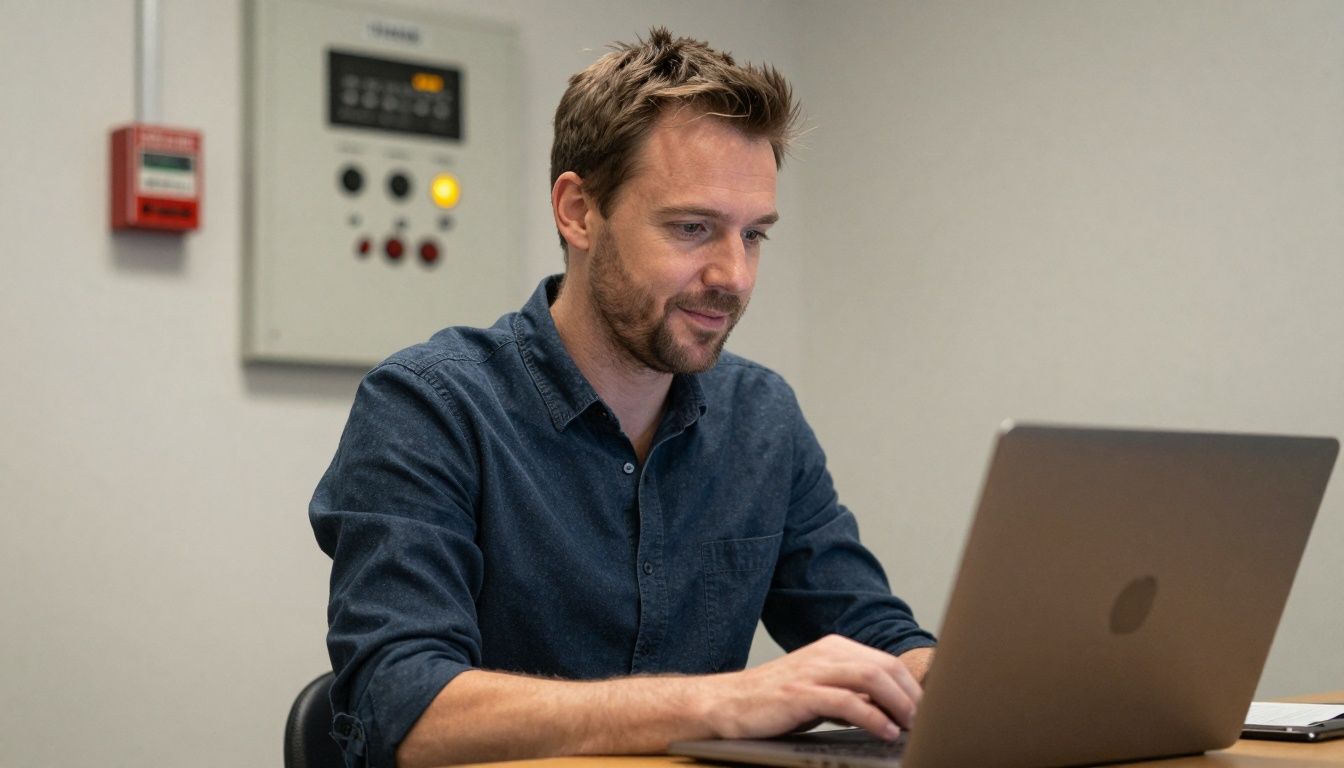 Dutch technician with Hertek panel and laptop.